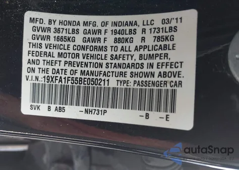 2011 Honda Civic Lx from USA, damaged, VIN 19XFA1F55BE050211